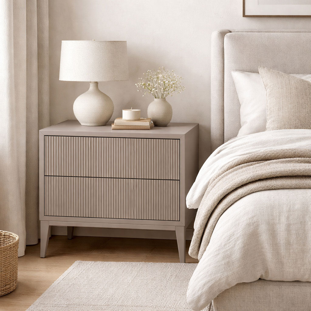 FLUTED 2DRW BEDSIDE TABLE - STONE GREY