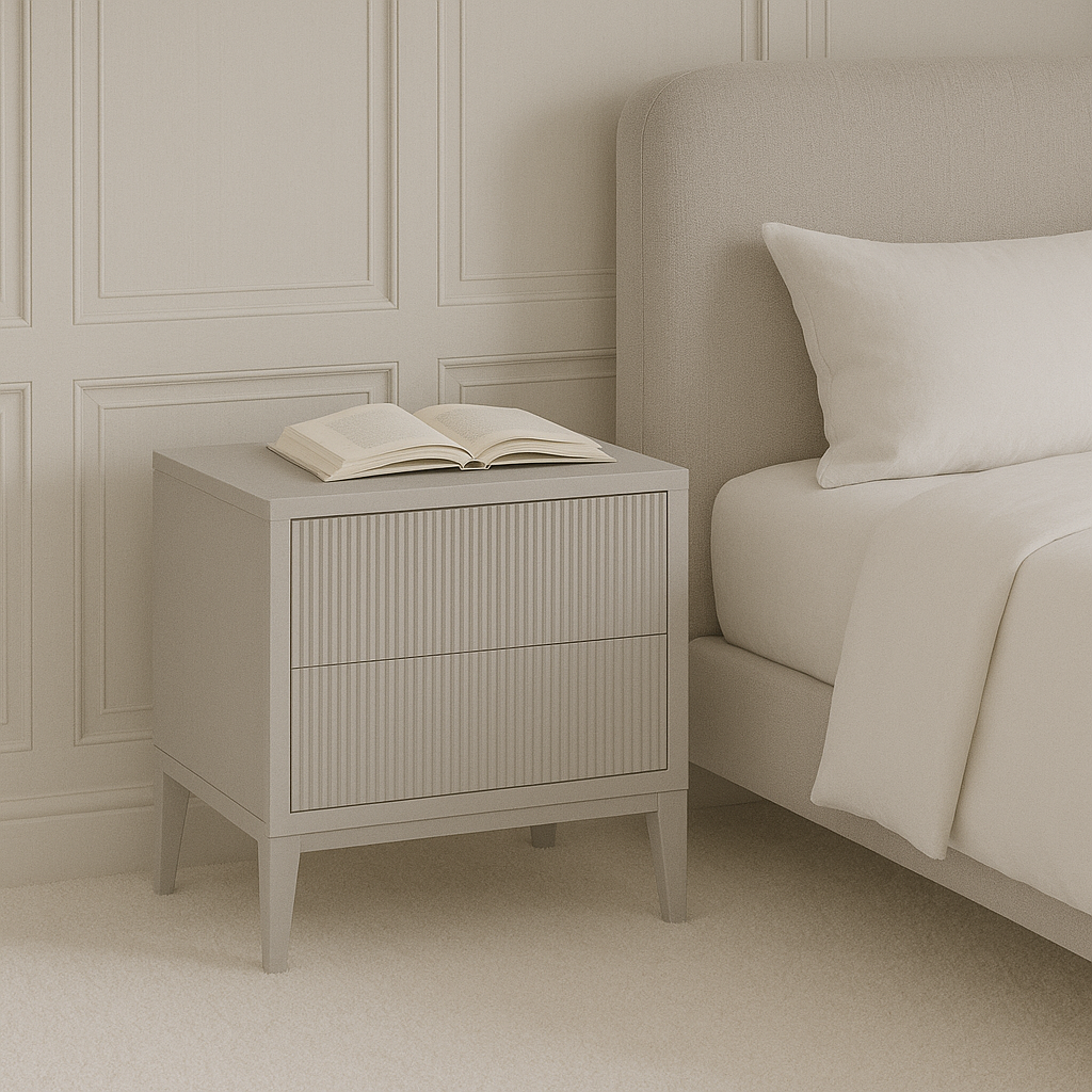 FLUTED 2DRW BEDSIDE TABLE - STONE GREY