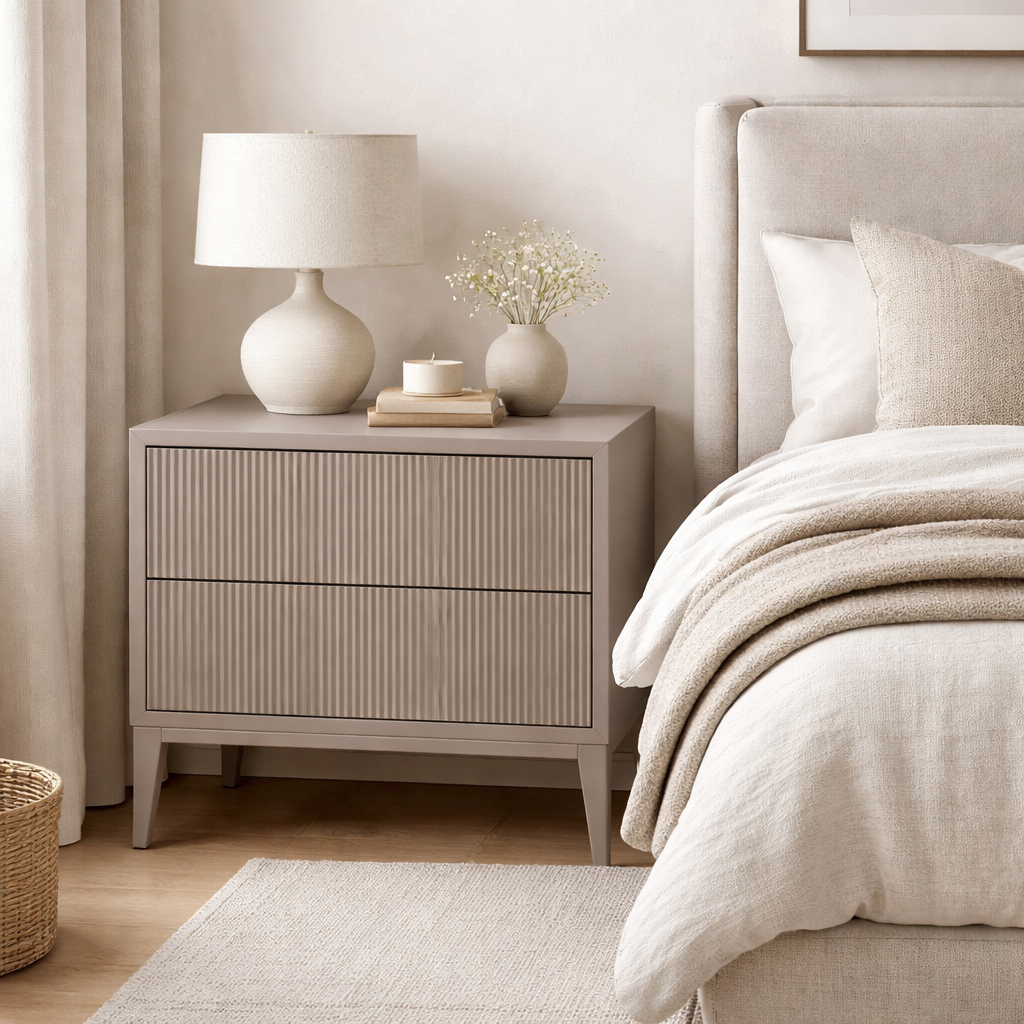 FLUTED 2DRW BEDSIDE TABLE - STONE GREY