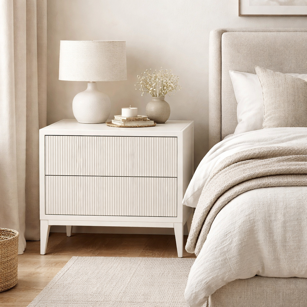 FLUTED 2DRW BEDSIDE TABLE - ANTIQUE WHITE