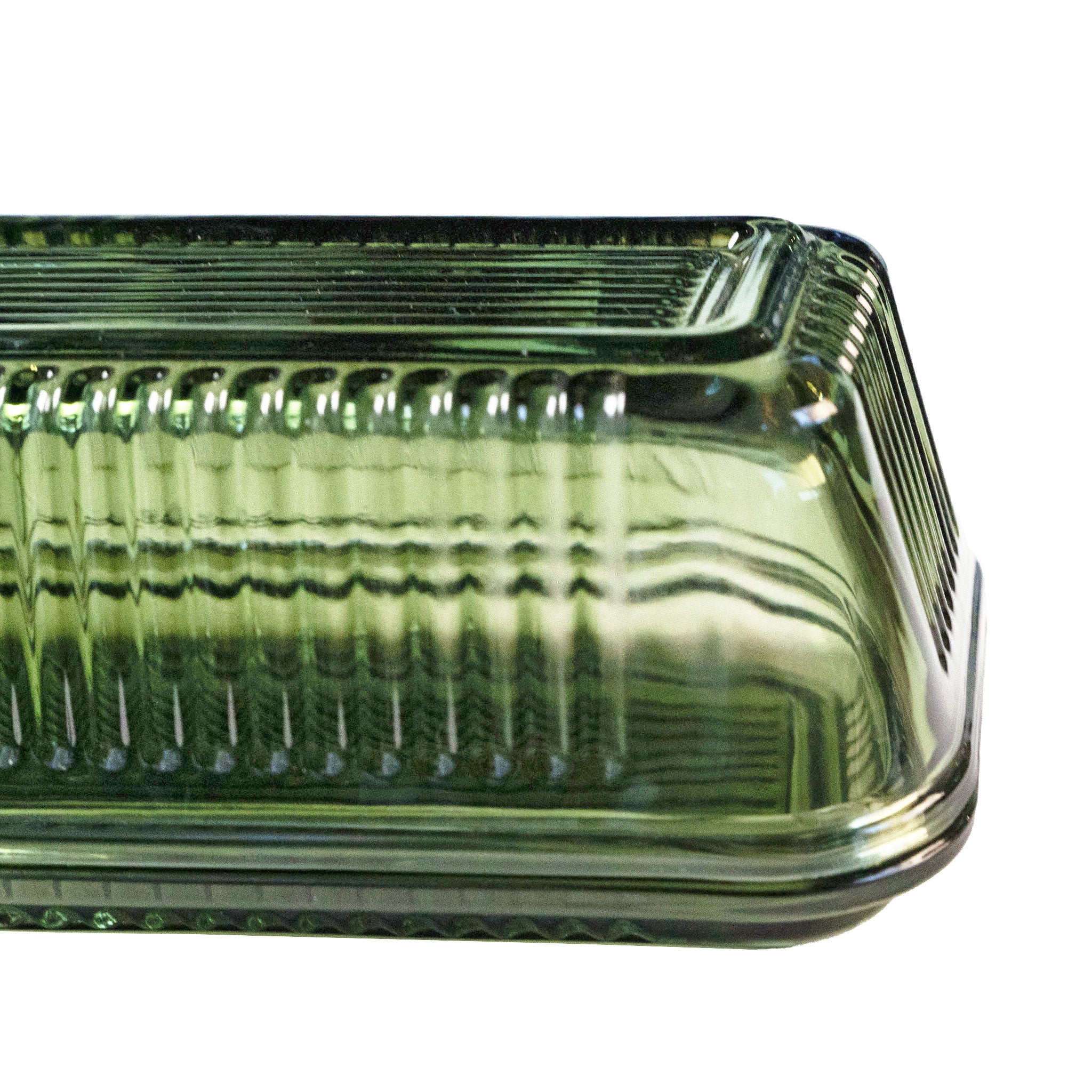 RIDGED GREEN GLASS BUTTER DISH
