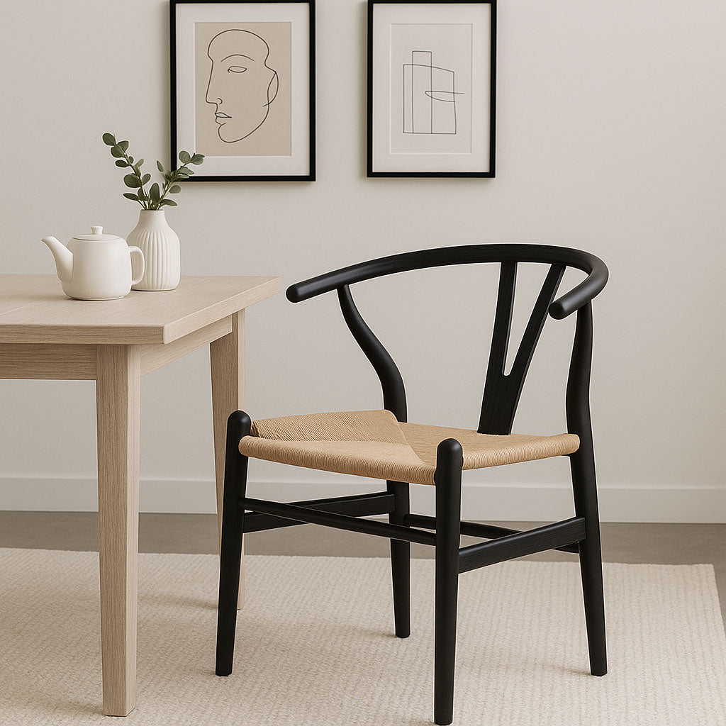WISHBONE DINING CHAIR - BLACK WITH WOVEN SEAT