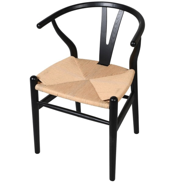 WISHBONE DINING CHAIR - BLACK WITH WOVEN SEAT
