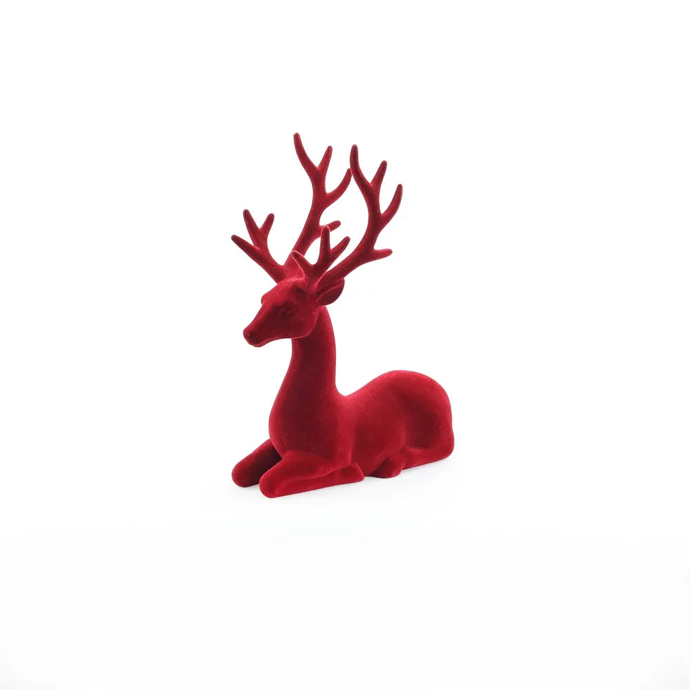 FLOCKED SITTING REINDEER - BURGUNDY 25cm