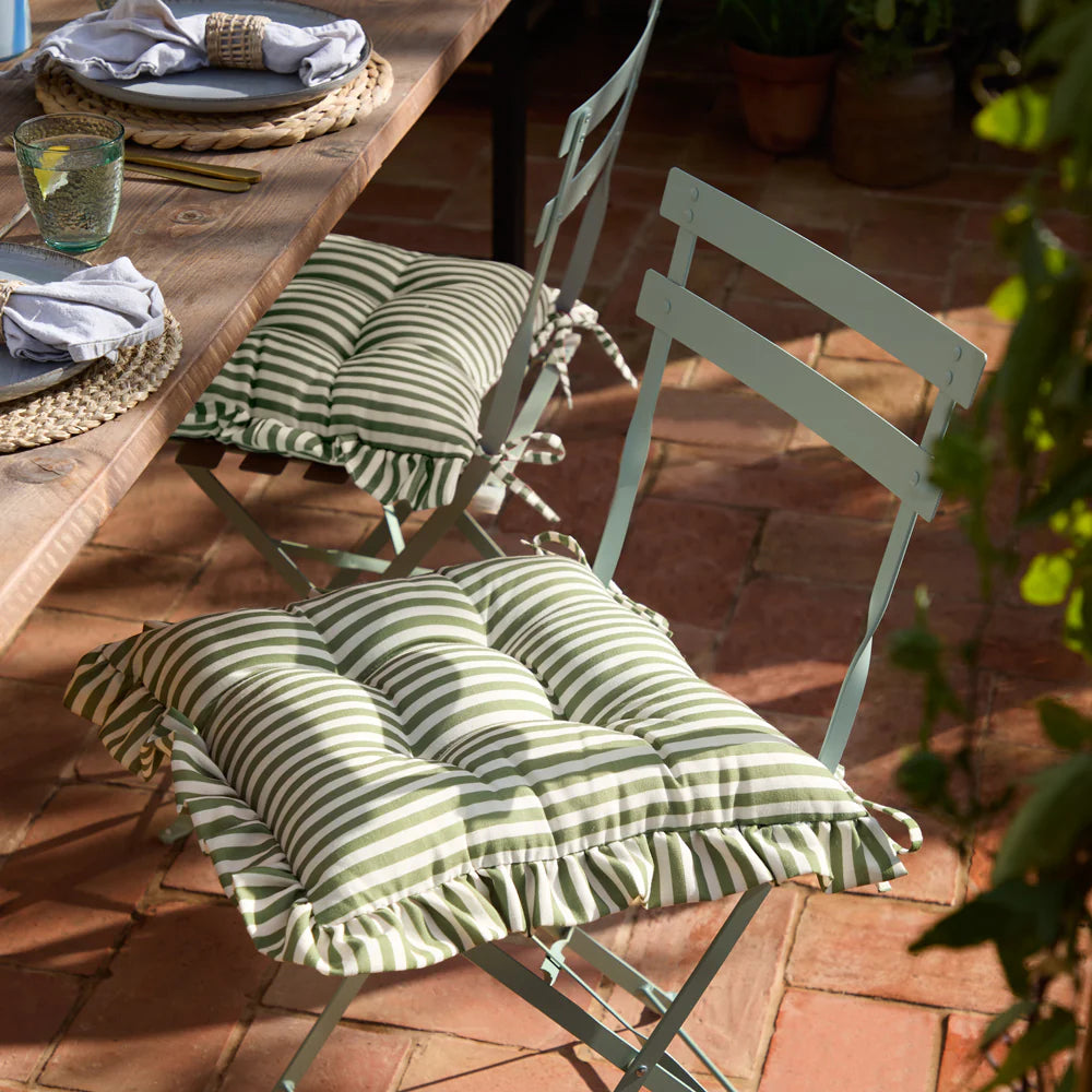 GREEN STRIPE RUFFLE SEAT PADS (SET OF 2)