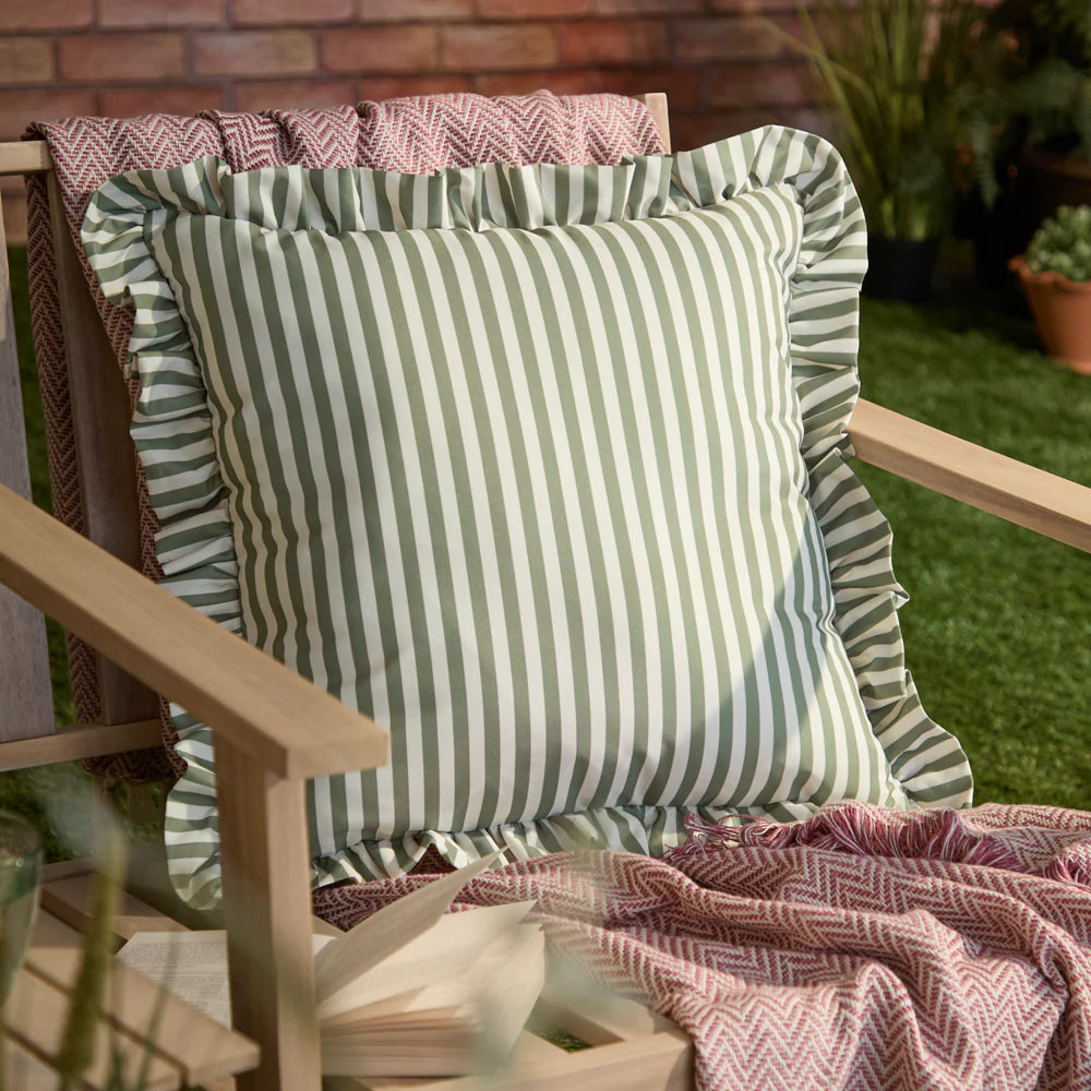 GREEN STRIPE RUFFLE CUSHION