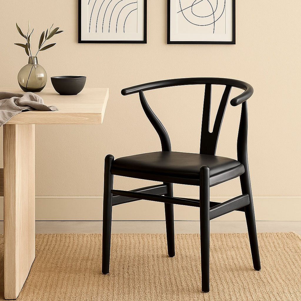 WISHBONE DINING CHAIR - BLACK WITH FAUX LEATHER SEAT