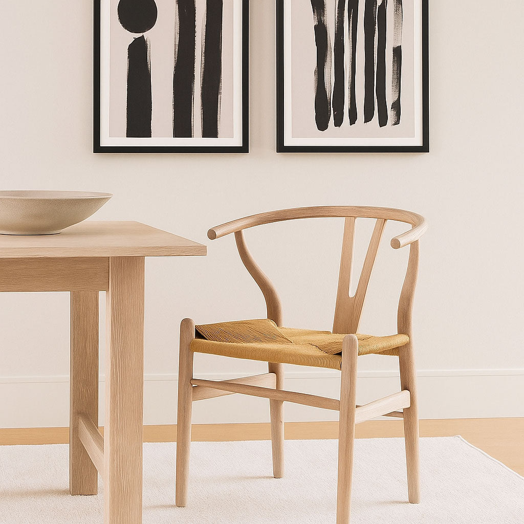 WISHBONE DINING CHAIR - WHITEWASH OAK WITH WOVEN SEAT