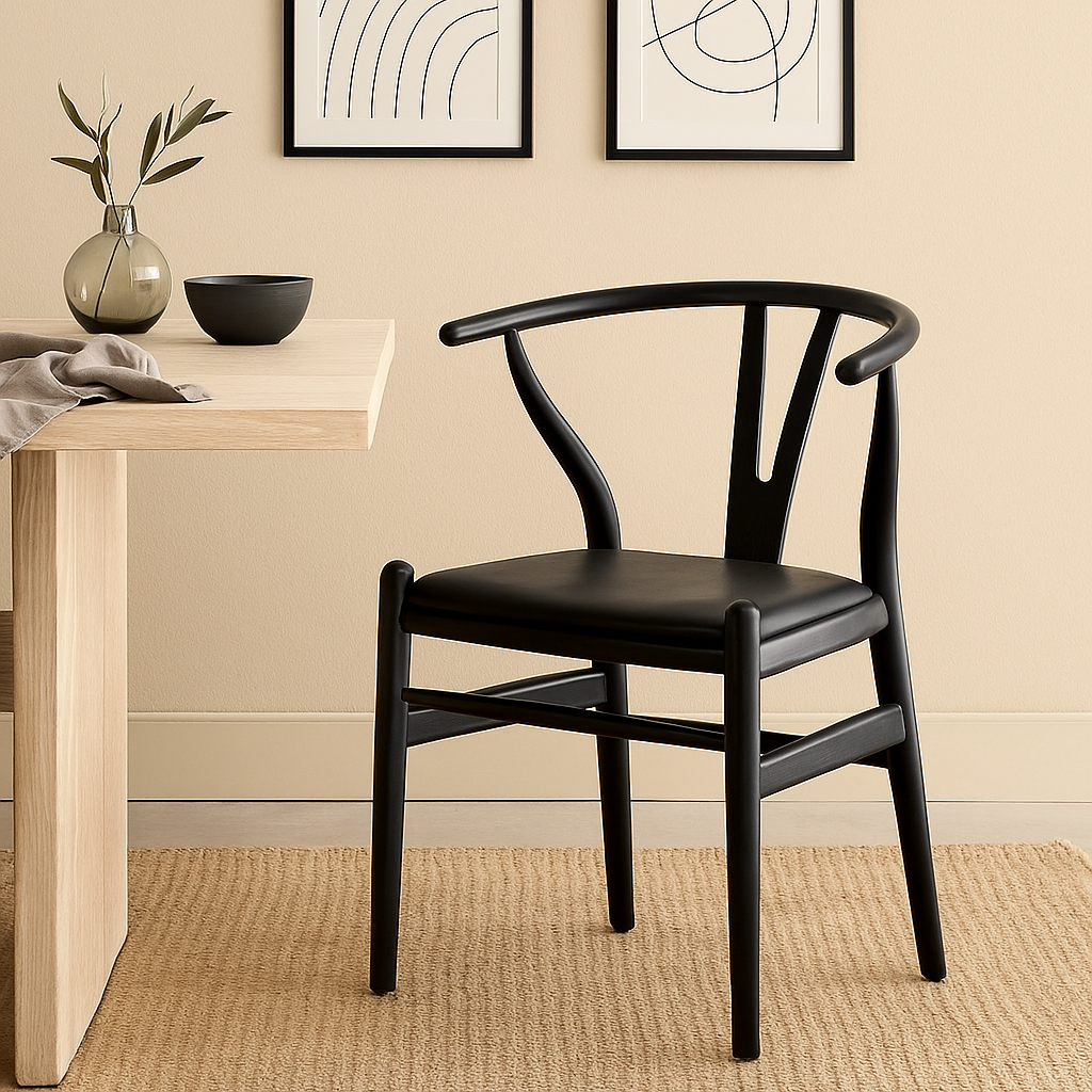 WISHBONE DINING CHAIR - BLACK WITH FAUX LEATHER SEAT