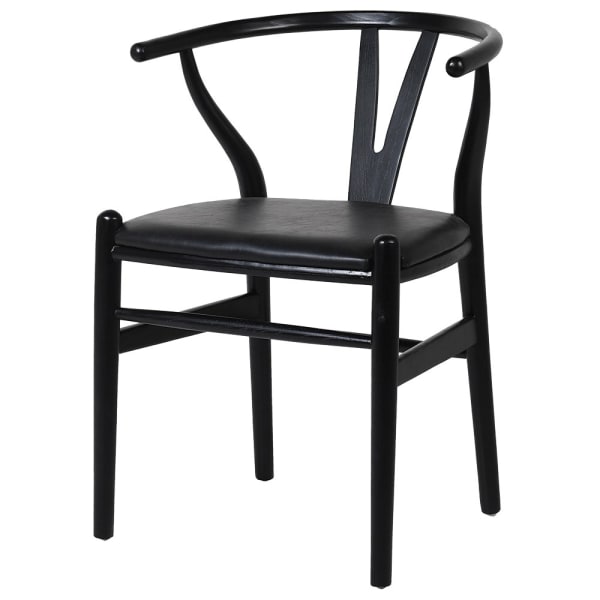 WISHBONE DINING CHAIR - BLACK WITH FAUX LEATHER SEAT