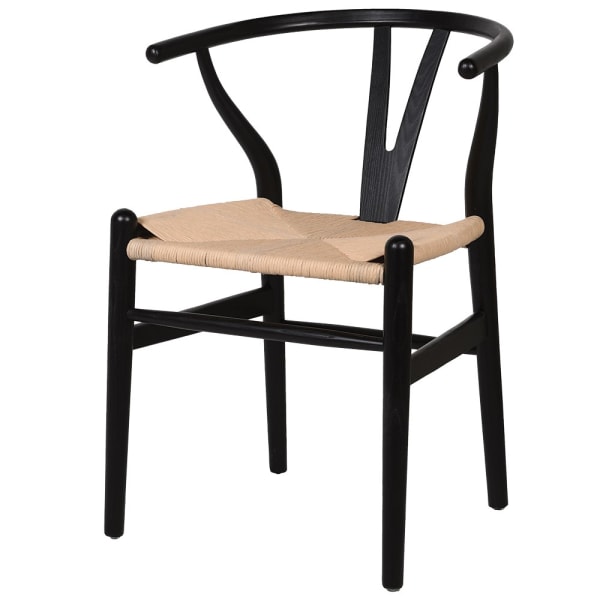 WISHBONE DINING CHAIR - BLACK WITH WOVEN SEAT