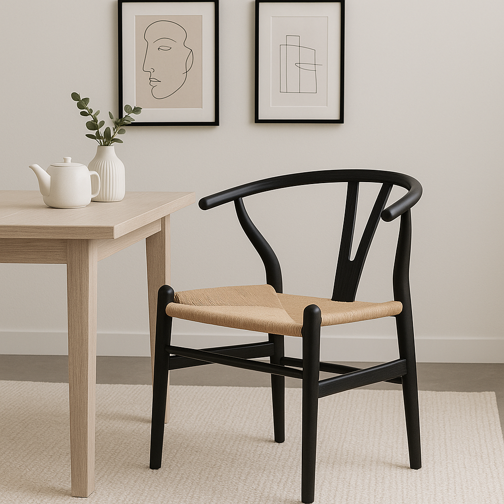 WISHBONE DINING CHAIR - BLACK WITH WOVEN SEAT