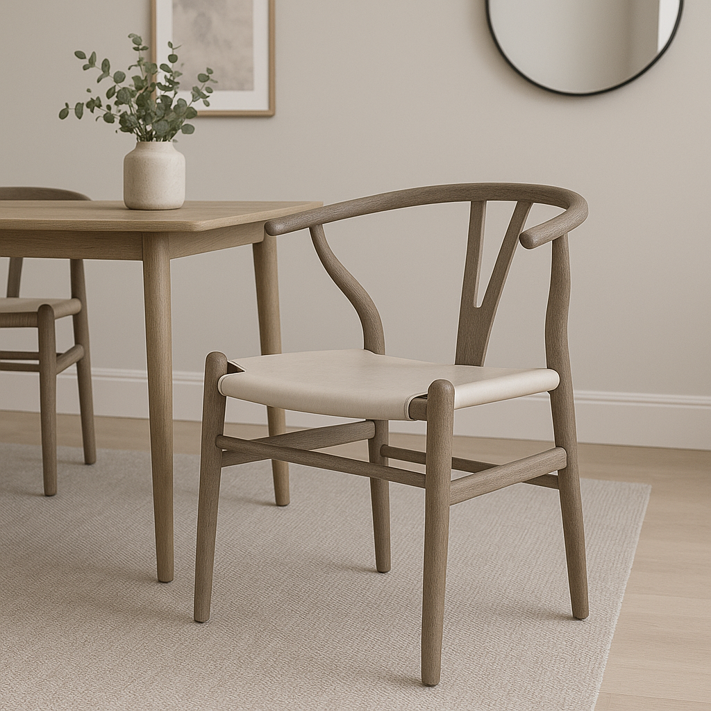 WISHBONE DINING CHAIR - GREY FAUX LEATHER SEAT